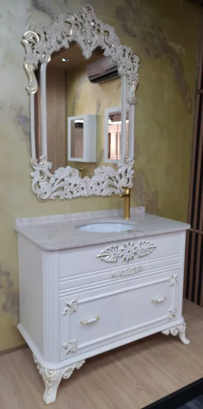 Jetzt Kaufen Casa Padrino ensemble de salle de bains baroque blanc / or - 1 Table de Lavage avec Dessus en Marbre et Lavabo en Céramique & 1 Miroir Mural - Magnifiques meubles de salle de bain de style baroque