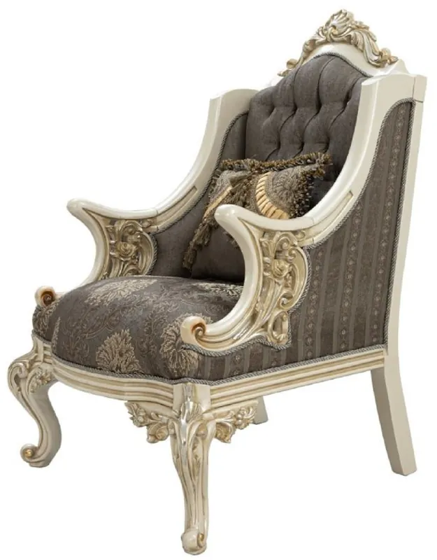 Neuheit Casa Padrino fauteuil baroque de luxe gris / marron / blanc / or / argent - Fauteuil de salon fait main avec motif élégant et strass - Mobilier de salon baroque - Noble & Magnifique