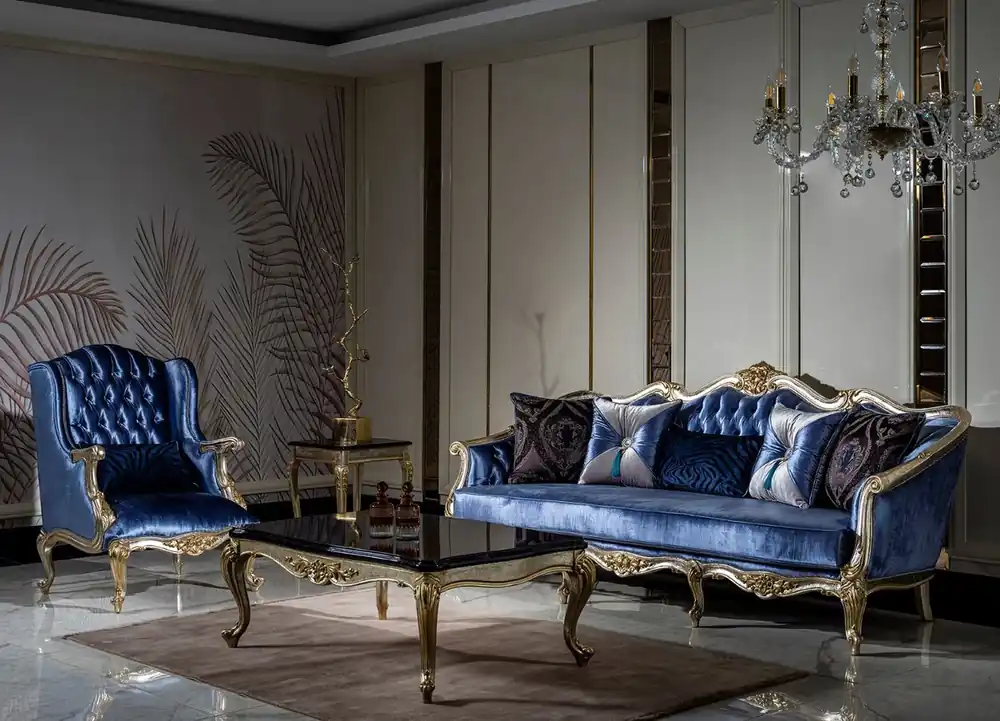 Casa Padrino ensemble de salon baroque de luxe bleu / argent / or - 2 Canapés et 2 Fauteuils et 1 Table Basse - Mobilier de salon de style baroque magnifique Nur Heute