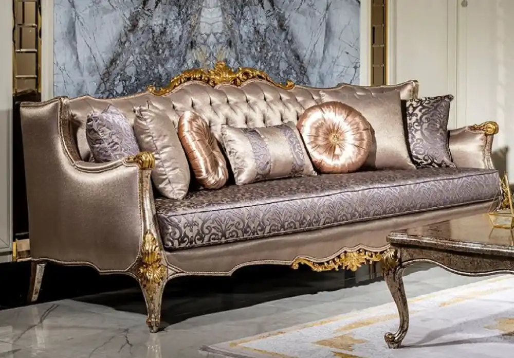 Casa Padrino canapé baroque de luxe argent / violet / argent antique / marron / or - Canapé de salon fait main avec motif élégant et oreillers décoratifs - Mobilier de salon de style baroque Top-Seller