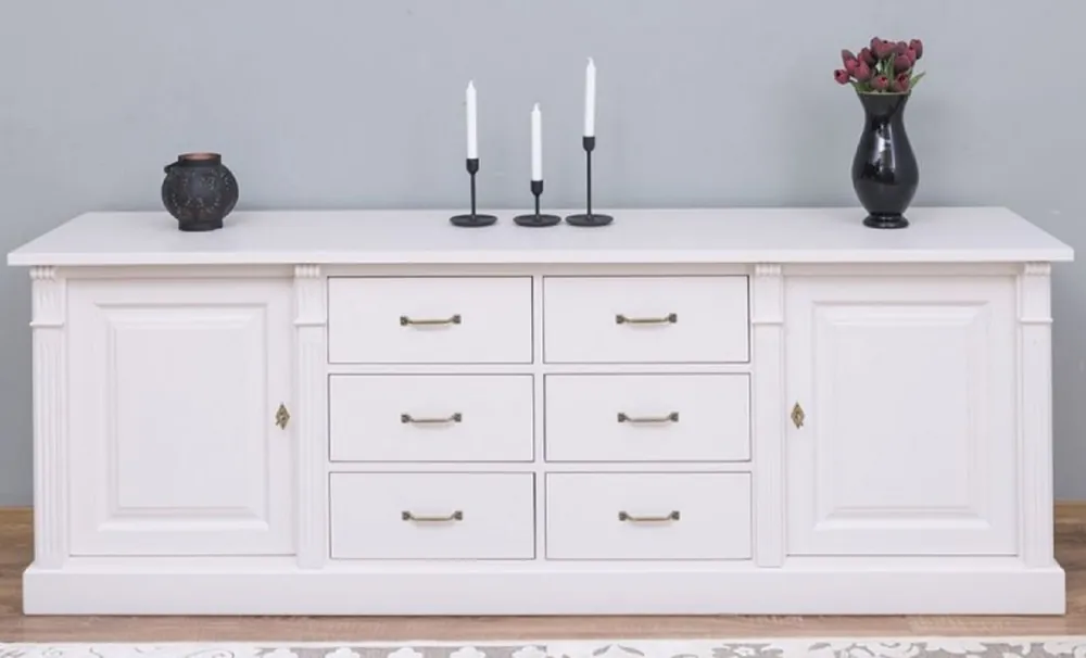Casa Padrino buffet de style campagnard blanc 219 x 51 x H. 78 cm - Armoire en bois massif avec 2 portes et 6 tiroirs - Meubles en bois massif de style campagnard Bestseller