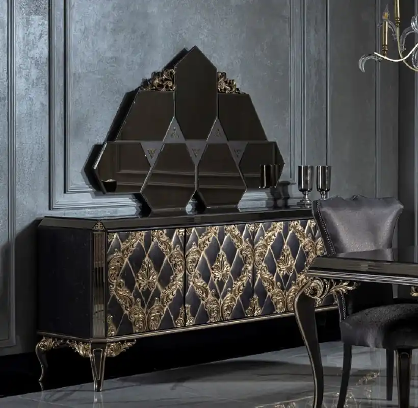 Casa Padrino ensemble de meubles baroques de luxe buffet avec miroir bleu / noir / or - Armoire en bois massif noble avec 4 portes et miroir mural élégant - Meubles de style baroque Online Kaufen