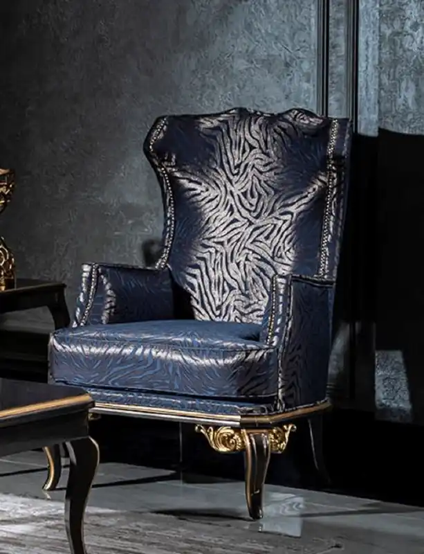 Knallerangebot Casa Padrino fauteuil à oreilles baroque de luxe bleu / noir / or - Fauteuil de salon noble avec motif élégant - Meubles baroques faits à la main