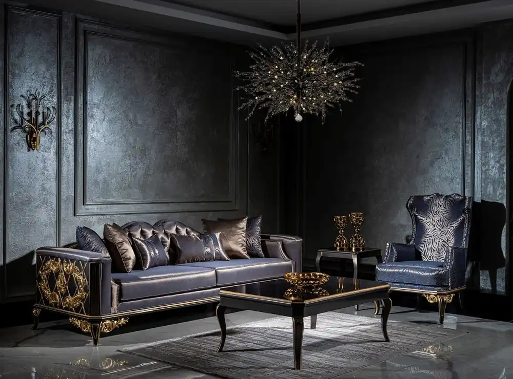 Casa Padrino ensemble de salon baroque de luxe bleu / noir / or - 2 Canapés et 2 Fauteuils et 1 Table Basse - Meubles de salon de style baroque - Noble & Magnifique Super-Preis