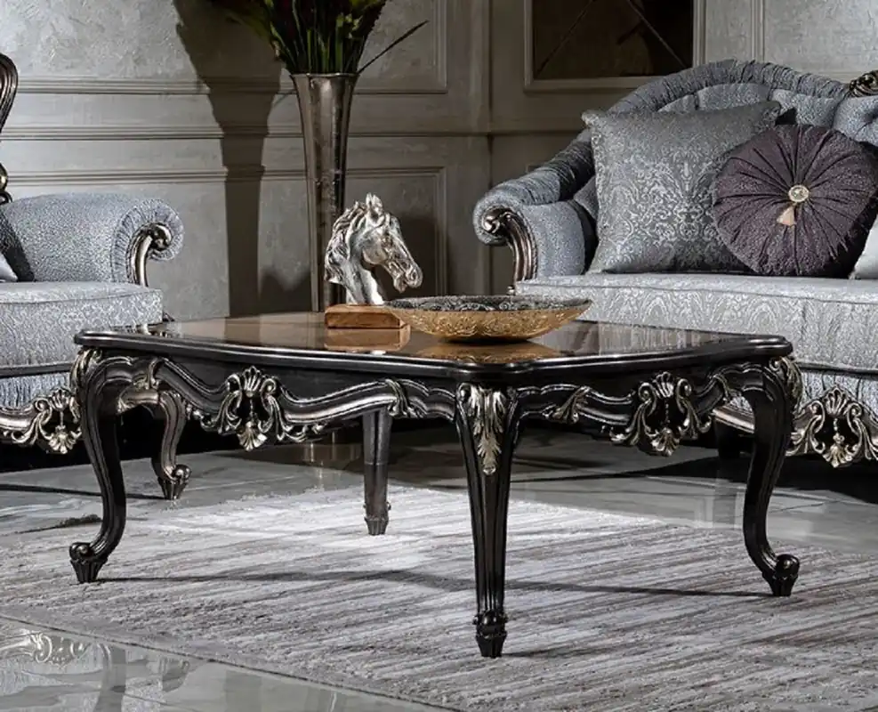 Nur Heute Casa Padrino table basse baroque de luxe beige / gris foncé / or - Table de salon en bois massif fabriquée à la main - Meubles de salon de style baroque