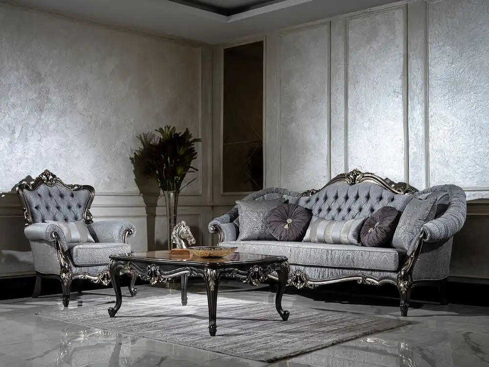 Casa Padrino ensemble de salon baroque de luxe bleu clair / gris / gris foncé / or - 2 Canapés & 2 Fauteuils & 1 Table Basse - Mobilier de salon de style baroque - Noble & Magnifique Begrenztes Angebot
