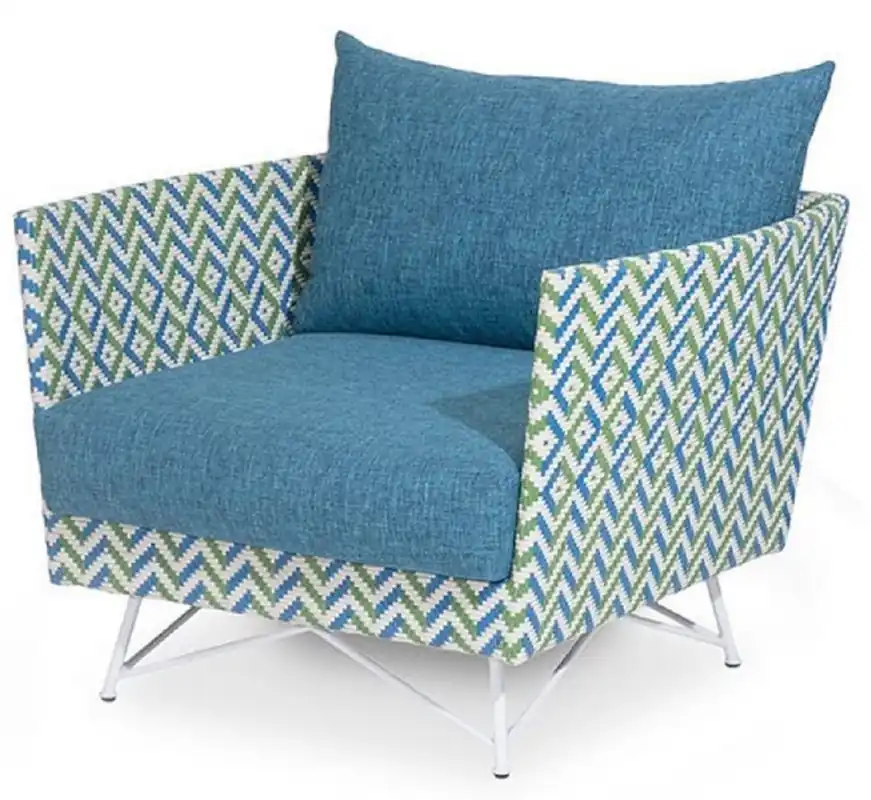 Sonderaktion Casa Padrino fauteuil de jardin de luxe bleu / vert / blanc 100 x 86 x H. 70 cm - Fauteuil résistant aux intempéries tissé à la main - Mobilier fauteuil de piscine de jardin de terrasse de hôtel