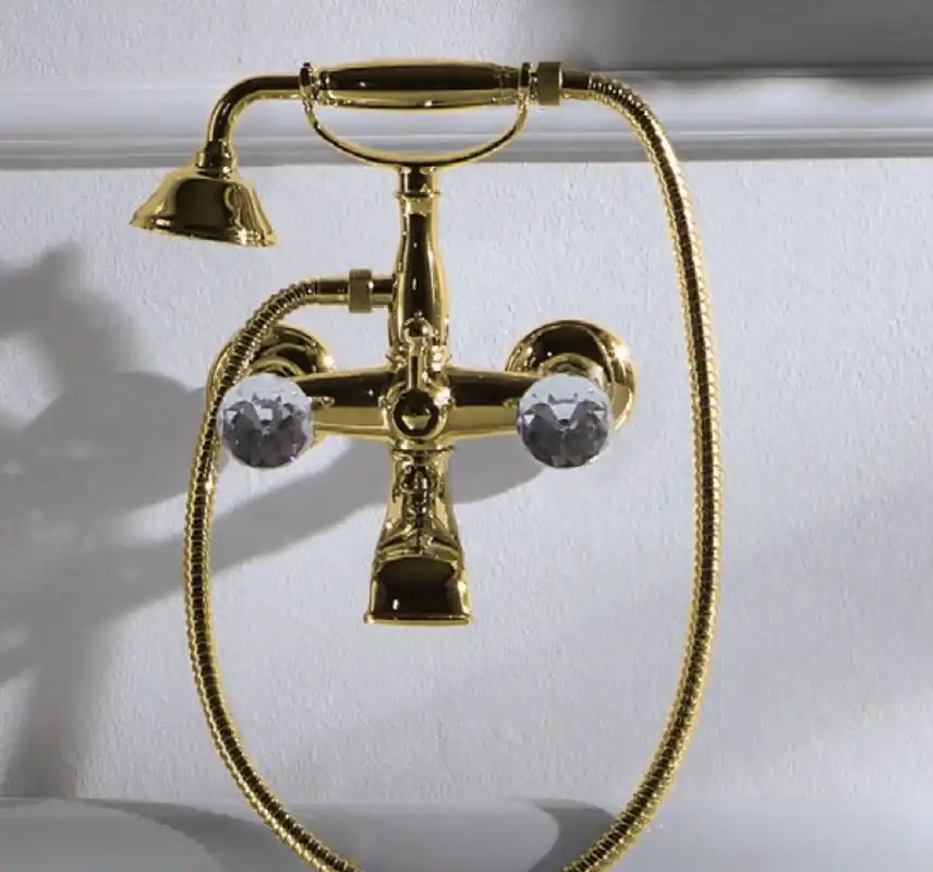 Rabatt Casa Padrino Robinet de salle de bain de luxe Art Nouveau avec tuyau et douchette or - Robinet de baignoire avec verre en cristal Swarovski - Accessoires de salle de bain nostalgiques - Robinet de bain