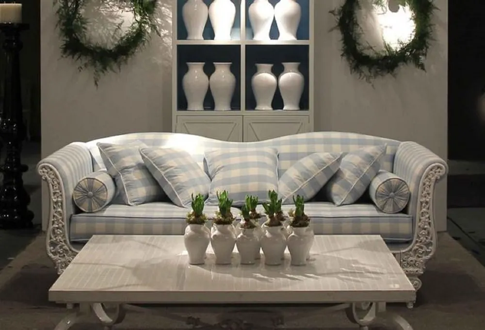 Sofort Bestellen Casa Padrino canapé baroque de luxe blanc / bleu clair 220 x 100 x H. 80 cm - Canapé en fer forgé forgé à la main avec coussins - Canapé de Salon - Canapé de Jardin - Canapé de Patio - Mobilier Baroque