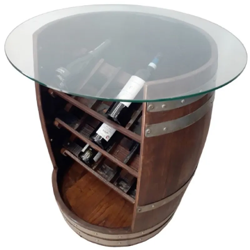 Super-Preis Casa Padrino table de bar tonneau de luxe marron / argent Ø 78 x H. 80 cm - Table tonneau à vin en bois massif avec plateau en verre et étagère à vin - Mobilier terrasses jardin bar gastronomique