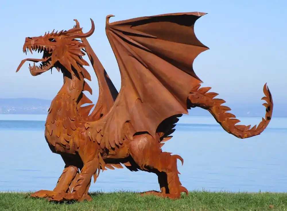 Geprüft Casa Padrino sculpture de décoration de jardin de luxe dragon rouille 290 x 180 x H. 235 cm - Immense figurine de décoration en acier - Décoration Figurine de Jardin d'Hôtel
