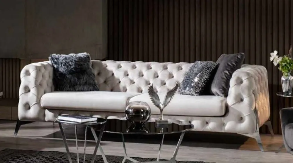 Casa Padrino Canapé Chesterfield de Luxe Blanc / Argent 240 x 100 x H. 72 cm - Canapé de Salon - Mobilier de Salon Chesterfield Knallerangebot