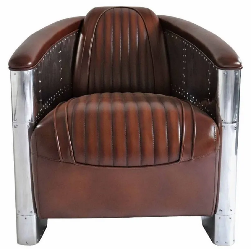 Casa Padrino fauteuil Art Déco de luxe en cuir véritable marron foncé / argent 90 x 72 x H. 68 cm - Fauteuil en aluminium avec cuir de haute qualité - Mobilier fauteuil aviateur en aluminium Garantierte Lieferung