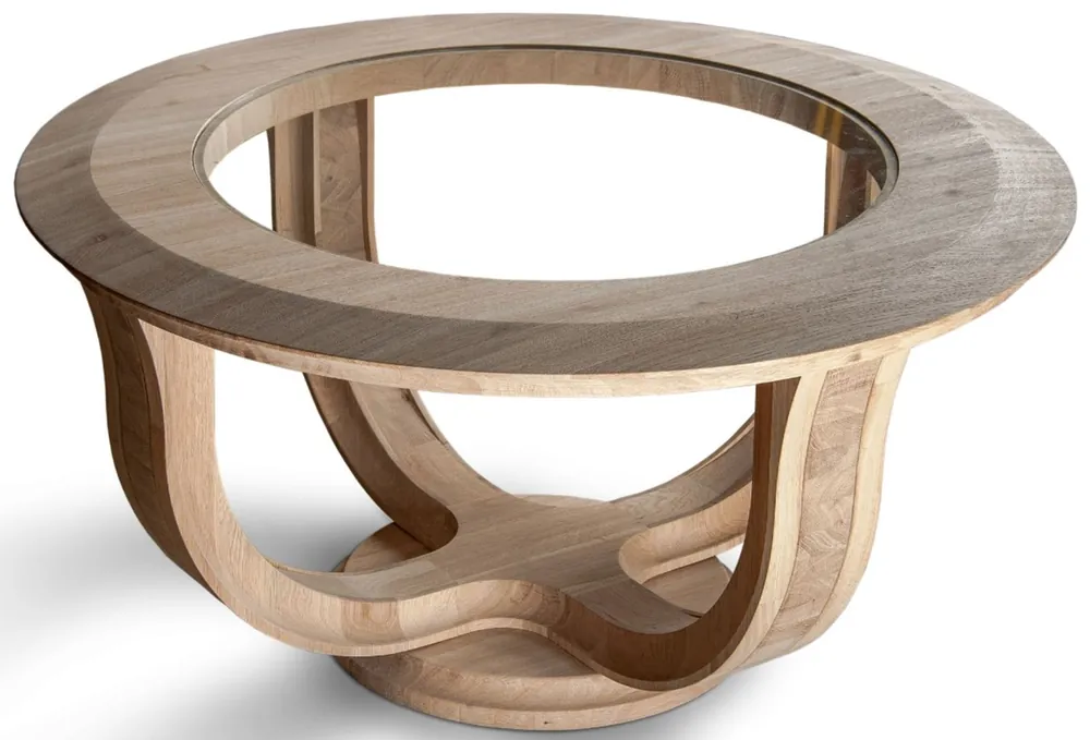 Casa Padrino table basse de luxe en bois massif naturel Ø 73 x H. 43 cm - Table de salon ronde en bois de chêne avec plateau en verre - Meubles de salon en bois massif Letzte Chance