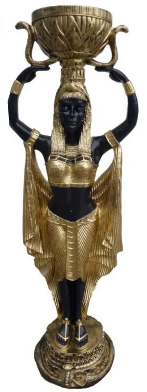 Casa Padrino sculpture décorative femme égyptienne avec pot de fleur noir / or H. 130 cm - Figurine de décoration égyptienne résistante aux intempéries - Sculpture salon jardin terrasse Online Kaufen
