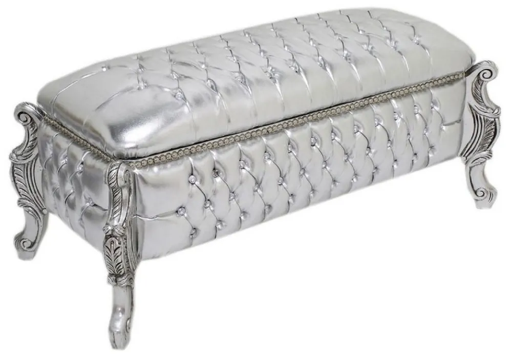 Casa Padrino banc / coffre baroque aspect cuir argent / argent - Banc rembourré en bois massif avec strass - Mobilier de style baroque Preis Gesenkt