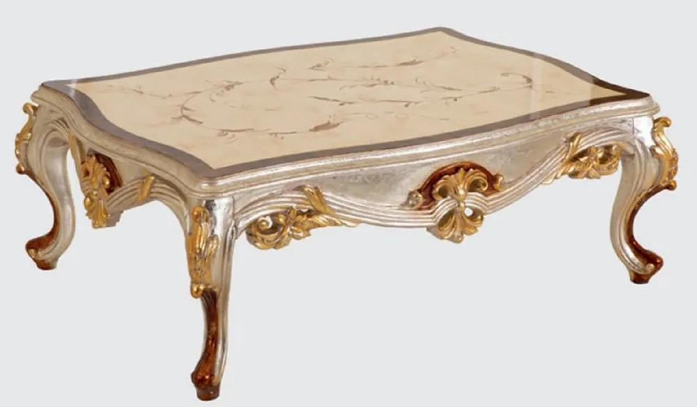 Casa Padrino table basse baroque de luxe crème / argent / marron / or 125 x 90 x H. 45 cm - Table de salon en bois massif fait main de style baroque - Mobilier Baroque Super-Preis