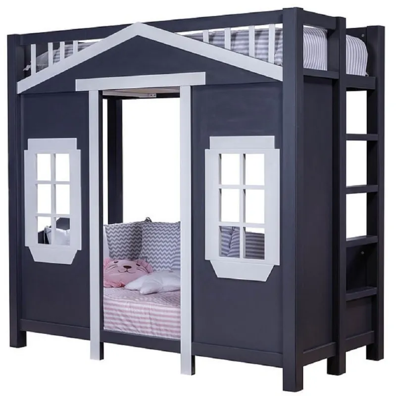 Günstig Casa Padrino lit maison d'enfant de style campagnard bleu foncé / gris 208 x 102 x H. 196 cm - Lit mezzanine d'enfant avec échelle - Mobilier de chambre d'enfant de style campagnard