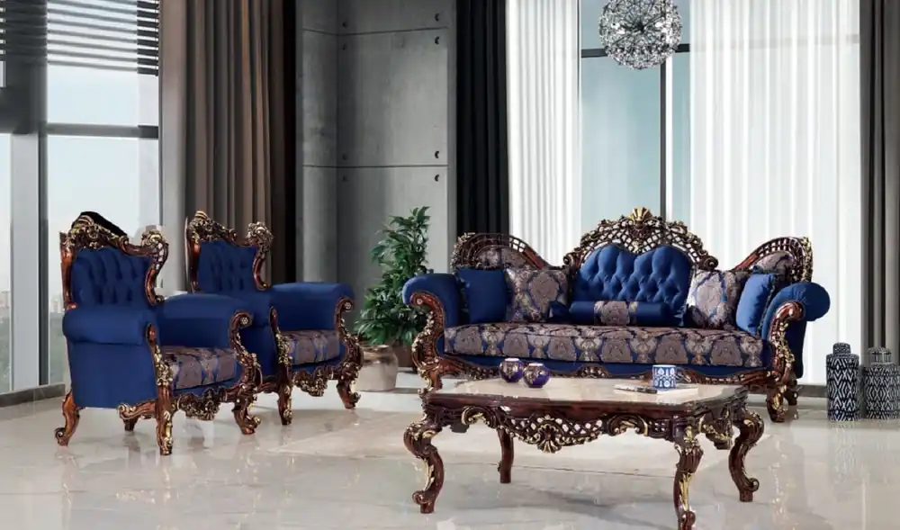 Casa Padrino ensemble de salon baroque de luxe bleu / marron foncé / or - 2 Canapés & 2 Fauteuils & 1 Table Basse - Mobilier de salon de style baroque fabriqué à la main - Noble & Magnifique Schneller Versand
