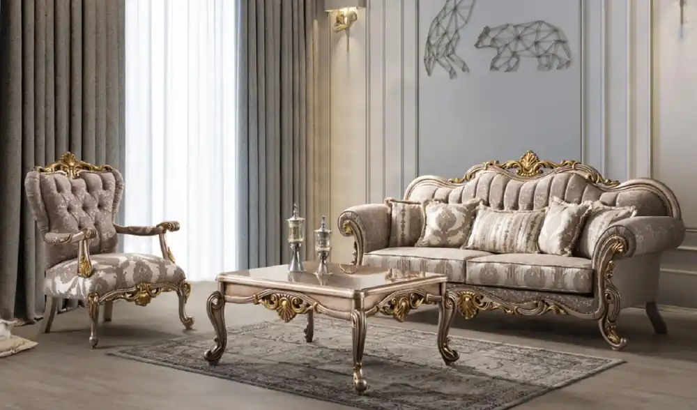 Jetzt Bestellen Casa Padrino ensemble de salon baroque de luxe gris / argent gris / or - 2 Canapés & 2 Fauteuils & 1 Table Basse - Mobilier de salon de style baroque - Noble & Magnifique