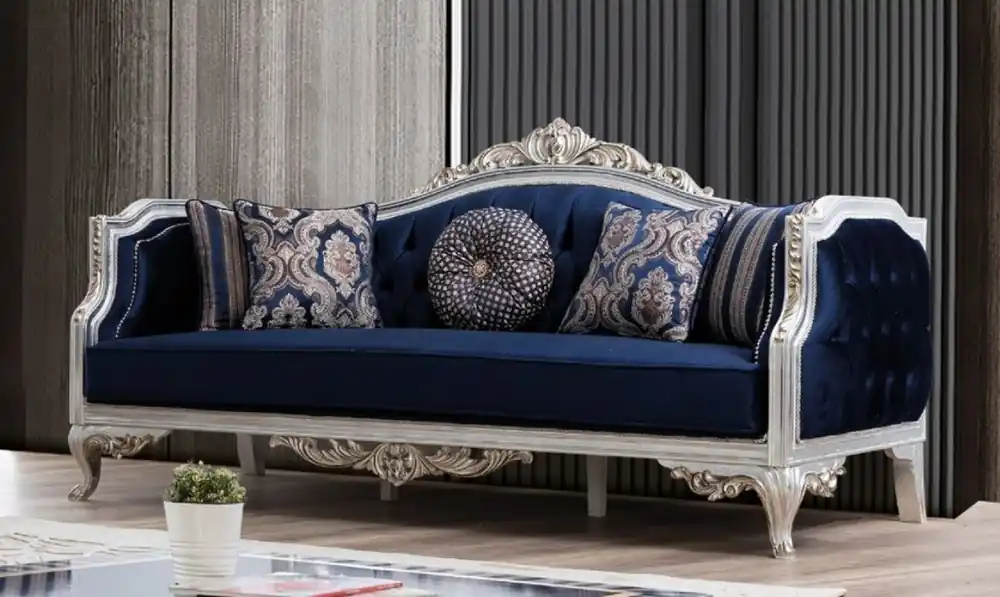 Jetzt Kaufen Casa Padrino canapé baroque de luxe bleu / argent / or 228 x 90 x H. 110 cm - Canapé de salon de style baroque - Mobilier Baroque - Noble & Magnifique