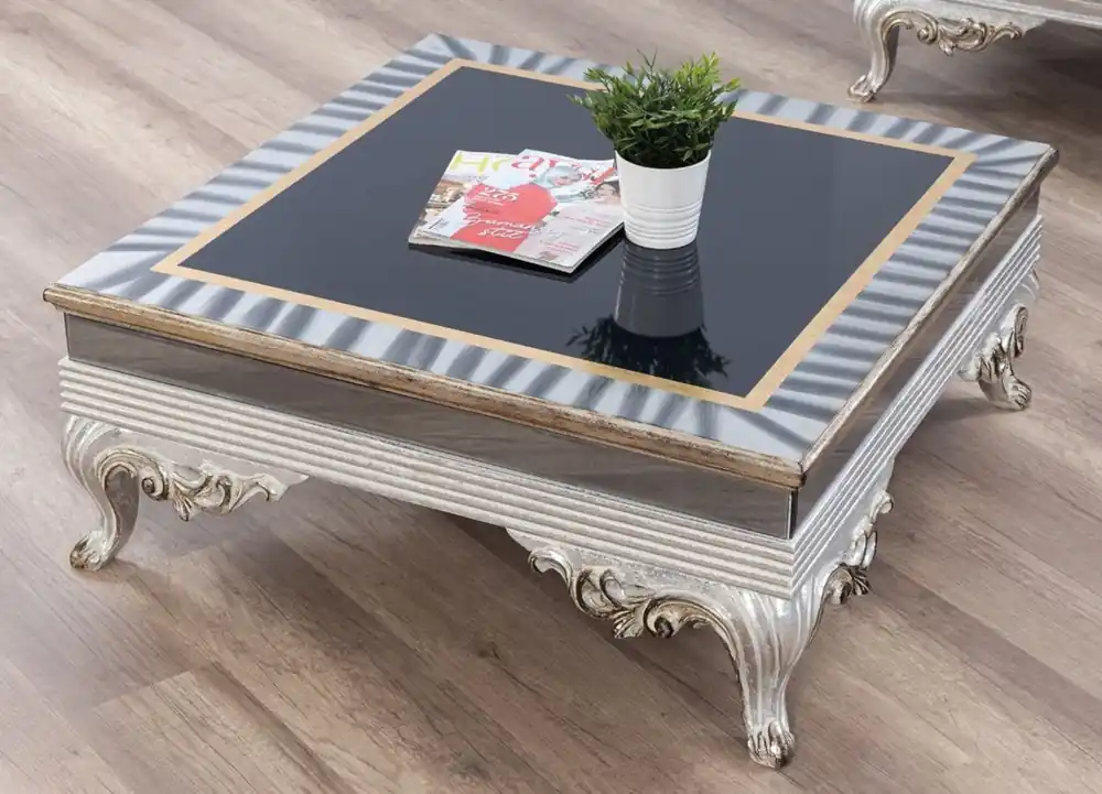 Casa Padrino table basse baroque de luxe noir / argent / or 102 x 102 x H. 41 cm - Table de salon en bois massif noble de style baroque - Mobilier de Salon Baroque Finale Aktion