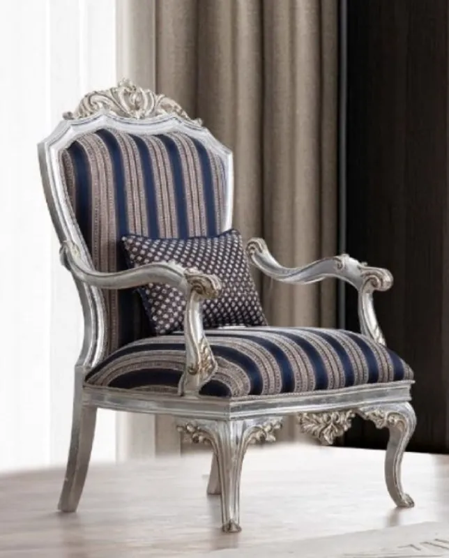 Zertifiziert Casa Padrino fauteuil baroque de luxe bleu / argent / or 75 x 80 x H. 120 cm - Magnifique fauteuil de salon avec rayures - Mobilier de salon baroque