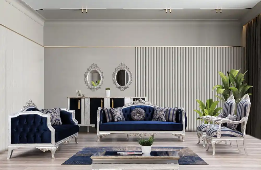 Top-Seller Casa Padrino ensemble de salon baroque de luxe bleu / argent / or - 2 Canapés & 2 Fauteuils & 1 Table Basse - Mobilier de salon de style baroque - Noble & Magnifique
