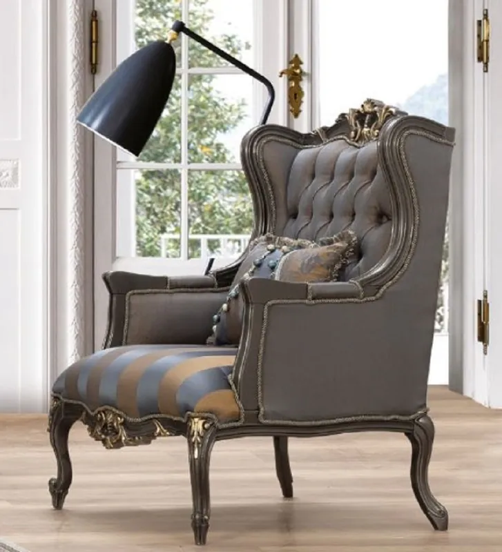 Angebot Casa Padrino fauteuil à oreilles baroque de luxe bleu / gris / or 75 x 83 x H. 115 cm - Magnifique fauteuil de salon fait main avec coussin - Mobilier de salon baroque