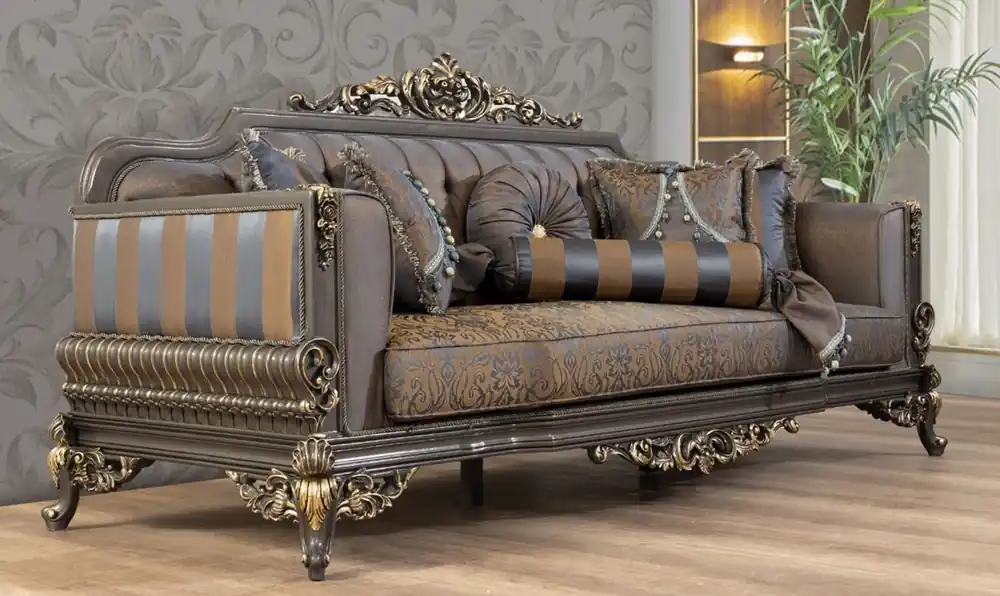 Markenware Casa Padrino canapé baroque de luxe bleu / gris / or 235 x 93 x H. 115 cm - Magnifique canapé de salon fait main avec coussins décoratifs - Mobilier de salon baroque
