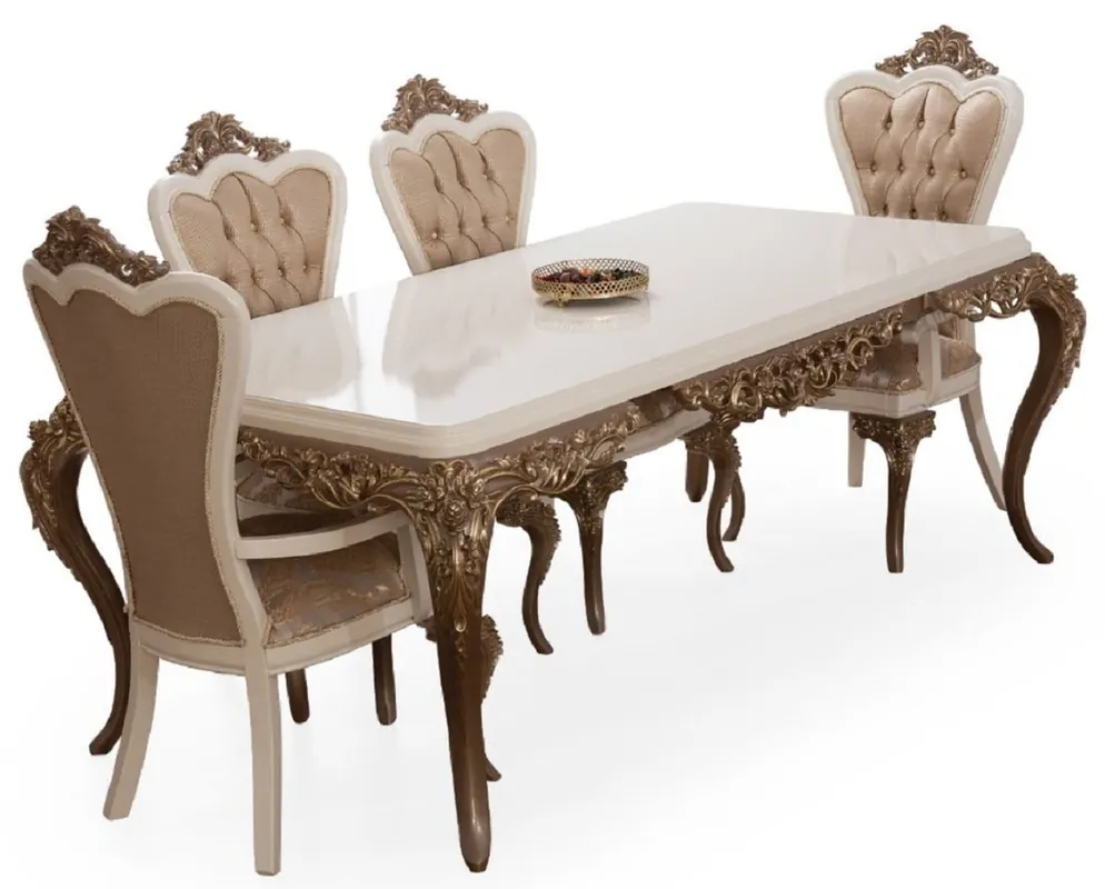 Echt Casa Padrino ensemble de salle à manger baroque de luxe blanc / marron / or - 1 Table de Salle à Manger et 6 Chaises de Salle à Manger - Meubles de Salle à Manger Baroque Noble - Noble et Magnifique