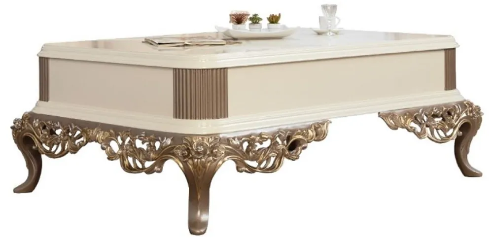 Direktkauf Casa Padrino table basse baroque de luxe blanc / marron / or 130 x 92 x H. 50 cm - Magnifique table de salon fait main de style baroque - Mobilier Baroque