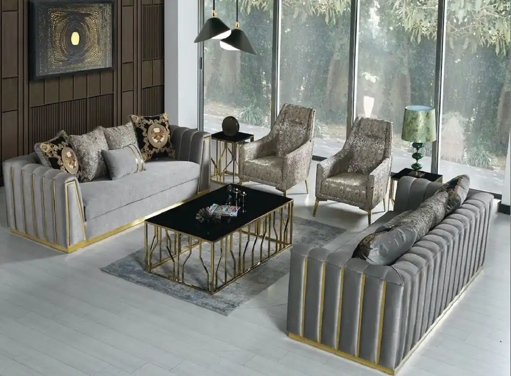 Neuheit Casa Padrino ensemble de salon de luxe gris / or - 2 Canapés & 2 Fauteuils & 1 Table Basse - Mobilier de salon moderne - Qualité de Luxe