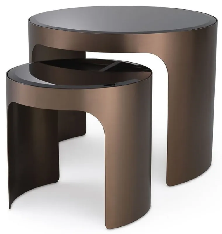 Casa Padrino ensemble de table d'appoint de luxe cuivre / noir - 2 Tables rondes en acier inoxydable avec dessus en verre biseauté - Mobilier de salon de luxe Top-Preis