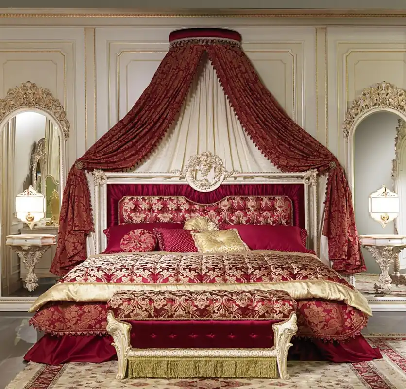 Markenware Casa Padrino ensemble de chambre baroque de luxe rouge bordeaux / blanc / or - 1 Lit Double avec Tête de Lit & 1 Baldaquin & 1 Banc - Mobilier de Chambre Baroque - Noble & Magnifique
