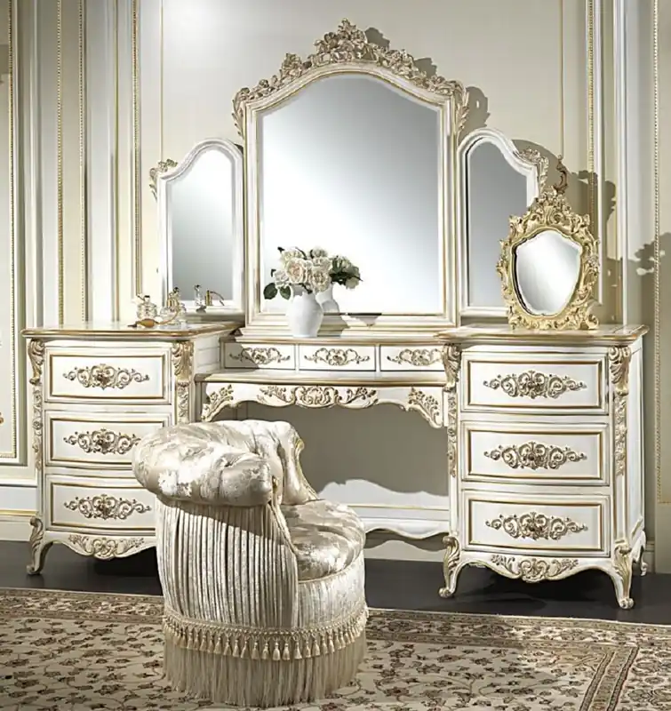 Casa Padrino ensemble de chambre baroque de luxe blanc / or - 1 Coiffeuse & 1 Miroir & 1 Fauteuil - Magnifique mobilier de chambre - Mobilier d'Hôtel - Mobilier de Château - Qualité de Luxe Super-Preis