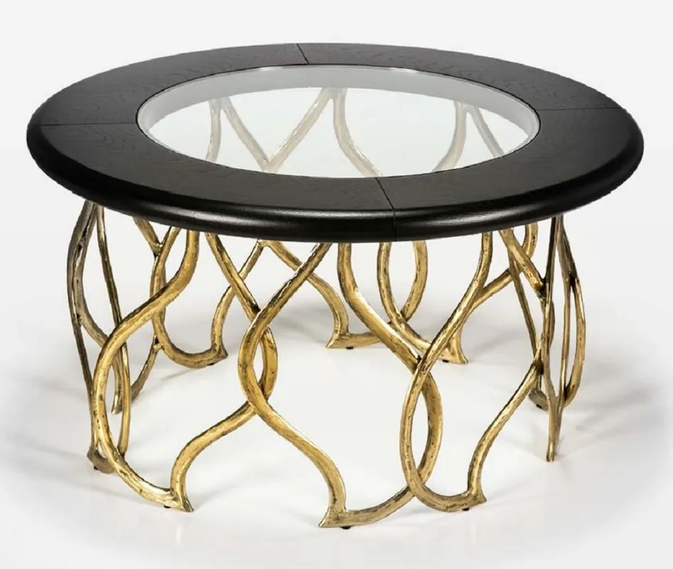 Casa Padrino table basse de luxe noir / laiton Ø 80 x H. 45 cm - Table de salon ronde avec plateau en verre - Mobilier de salon luxe Preisreduziert