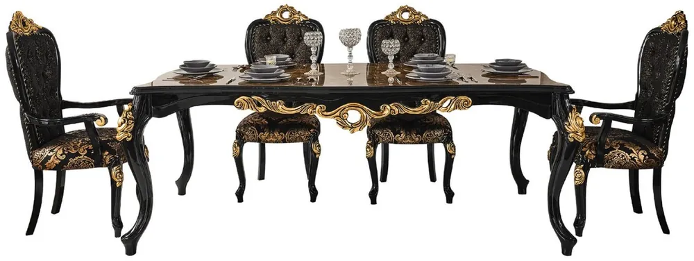 Casa Padrino ensemble de salle à manger baroque de luxe marron / noir / or - 1 Table à Manger Aspect Marbre & 6 Chaises à Manger - Magnifique mobilier de salle à manger de style baroque Top-Seller