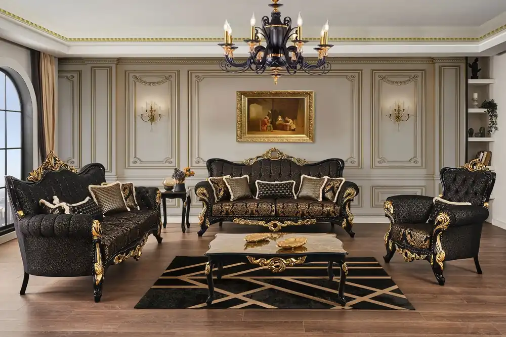 Finale Aktion Casa Padrino ensemble de salon baroque de luxe marron / noir / or - 2 Canapés & 2 Fauteuils & 1 Table Basse & 2 Tables d'Appoint - Meubles de salon de style baroque - Noble & Magnifique
