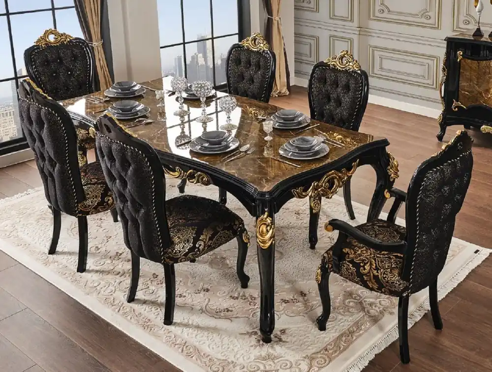 Nur Für Kurze Zeit Casa Padrino table de salle à manger baroque de luxe marron / noir / or 210 x 100 x H. 82 cm - Magnifique table de salle à manger en bois massif avec plateau aspect marbre - Mobilier Baroque