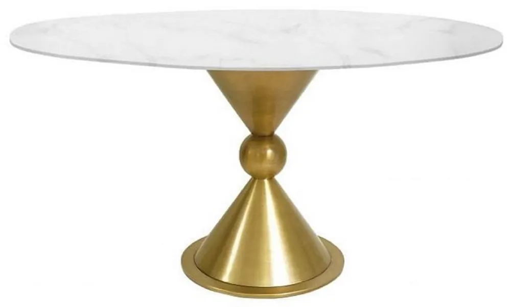 Casa Padrino table à manger de luxe blanc / or Ø 100 x H. 75 cm - Table de salle à manger ronde avec plateau en marbre synthétique et pied en acier - Meuble de salle à manger Geprüft