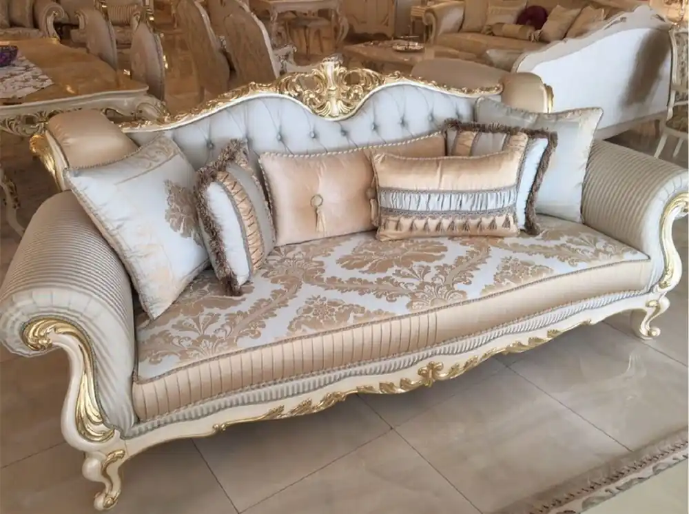 Top-Seller Casa Padrino canapé baroque de luxe bleu clair / blanc / or - Magnifique canapé de salon avec motif élégant - Mobilier de salon baroque