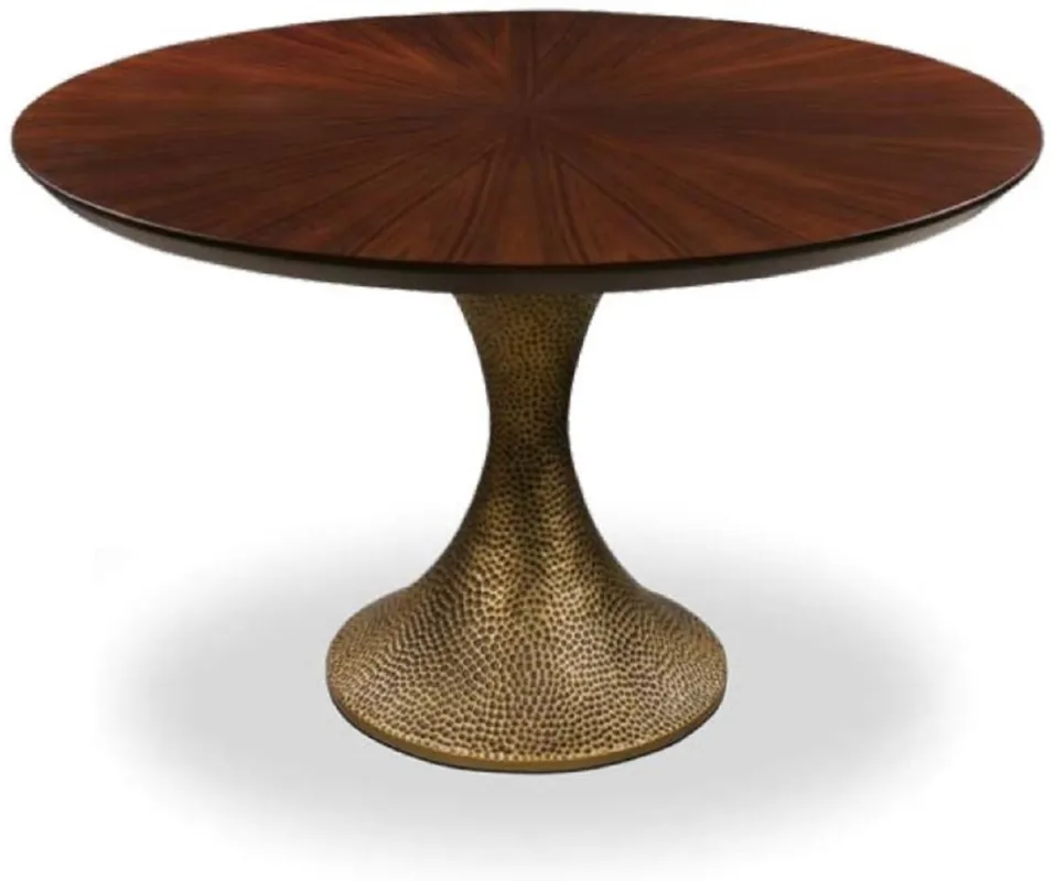 Casa Padrino table à manger de luxe marron / or antique Ø 200 x H. 76 cm - Table de cuisine ronde avec un plateau en placage de chêne fin et un pied de table dans un aspect martelé Neu Im Sortiment
