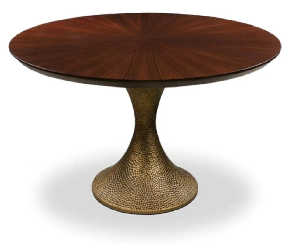 Abverkauf Casa Padrino table à manger de luxe marron / or antique Ø 160 x H. 76 cm - Table de cuisine ronde avec un plateau en placage de chêne fin et un pied de table dans un aspect martelé