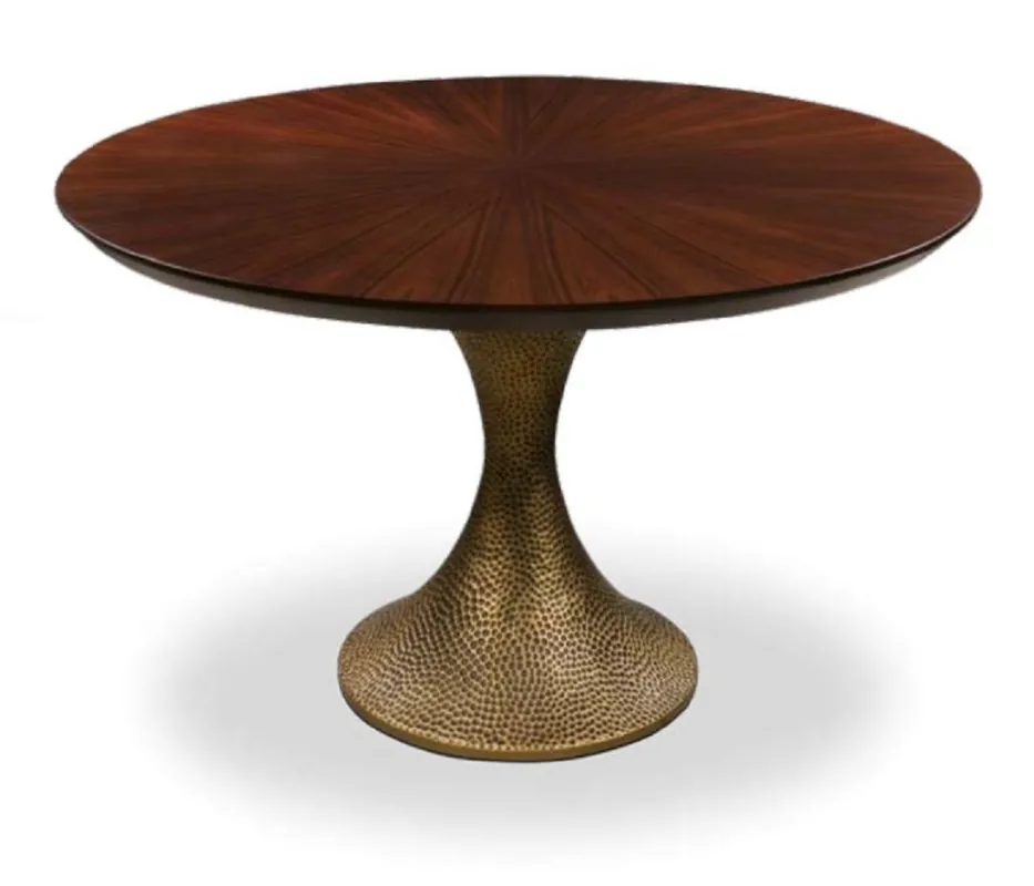 Top-Preis Casa Padrino table à manger de luxe marron / or antique Ø 120 x H. 76 cm - Table de cuisine ronde avec un plateau en placage de chêne fin et un pied de table dans un aspect martelé