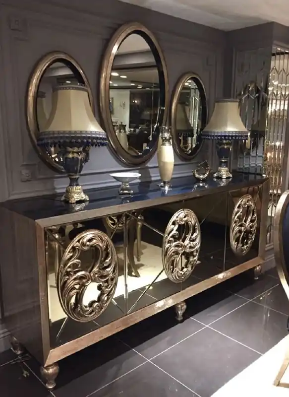 Top-Preis Casa Padrino ensemble de meubles baroques de luxe bleu / or antique - 1 Buffet Miroir & 3 Miroirs Muraux Ovales - Magnifique mobilier baroque