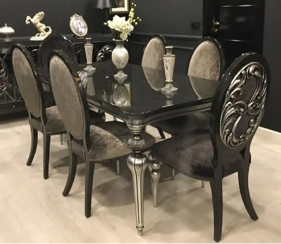 Casa Padrino ensemble de salle à manger baroque de luxe noir / gris / argent - 1 Table de Salle à Manger et 6 Chaises de Salle à Manger - Meubles de Salle à Manger Baroque - Noble et Magnifique Knallerangebot