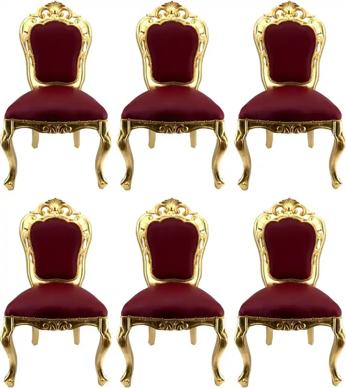 Casa Padrino ensemble de chaises de salle à manger baroque de luxe bordeaux rouge / or - 6 Chaises de salle à manger faites à la main avec aspect cuir - Meubles de salle à manger baroques Echt