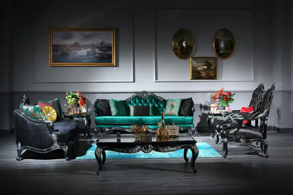 Online Kaufen Casa Padrino ensemble de salon baroque de luxe vert / noir / or - 2 Canapés & 2 Fauteuils & 1 Table Basse & 2 Tables d'Appoint - Mobilier Baroque Orné - Qualité de Luxe
