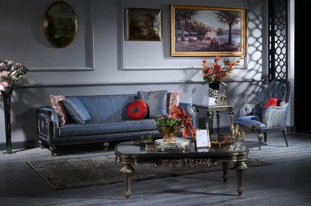 Casa Padrino ensemble de salon baroque de luxe bleu / or - 2 Canapés & 2 Fauteuils & 1 Table Basse & 2 Tables d'Appoint - Mobilier Baroque Orné - Qualité de Luxe Abverkauf